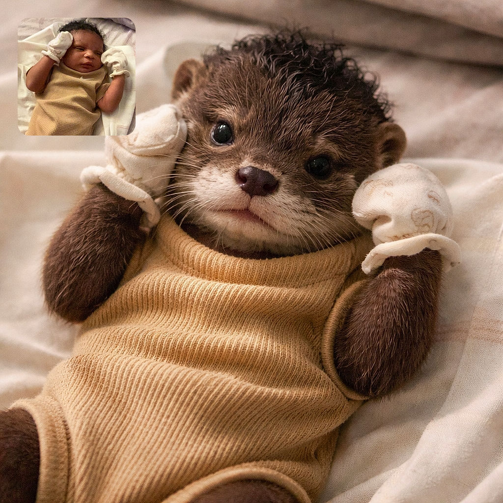 A tiny baby wearing white mittens and a beige outfit lies on a soft blanket, looking curiously to the side with a slightly furrowed brow, as if pondering the mysteries of the world.