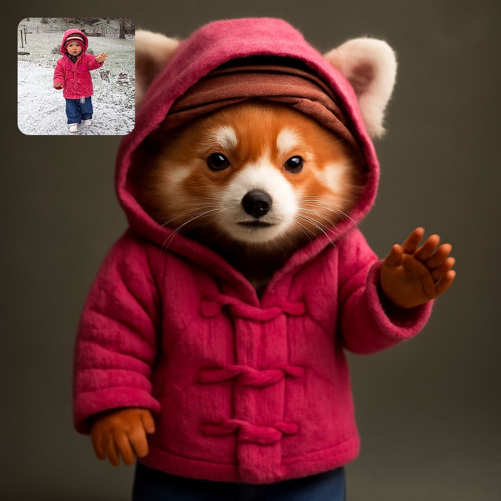 A curious toddler dressed in a bright pink jacket and striped hat stands in a snowy backyard, reaching out as delicate snowflakes fall around, capturing a sweet moment of winter wonder.