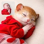 A peaceful baby dressed in bright red snoozes soundly on a soft cream background, looking like a tiny, contented burrito with cheeks as plush as marshmallows.