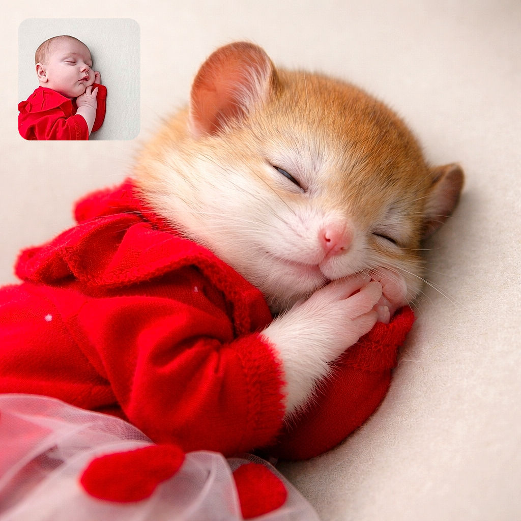 A peaceful baby dressed in bright red snoozes soundly on a soft cream background, looking like a tiny, contented burrito with cheeks as plush as marshmallows.