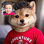 A cheerful young boy with perfectly styled curly hair smiles warmly at the camera while wearing a bright red t-shirt emblazoned with the word 'ADVENTURE' and a cool bear graphic. The background shows a cozy indoor setting with furniture and decor, giving a homely vibe.