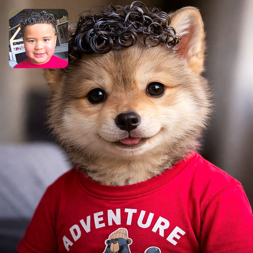 A cheerful young boy with perfectly styled curly hair smiles warmly at the camera while wearing a bright red t-shirt emblazoned with the word 'ADVENTURE' and a cool bear graphic. The background shows a cozy indoor setting with furniture and decor, giving a homely vibe.