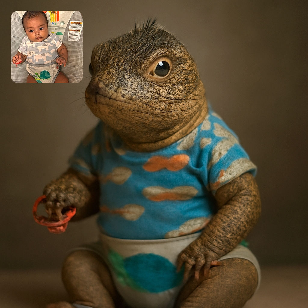 A chubby-cheeked baby lounging in a cozy patterned baby seat with a curious expression, wearing an elephant print outfit and a turtle-themed diaper cover, surrounded by colorful playful designs including a smiling sun and a cheeky monkey.