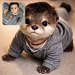 A cute toddler is crawling on a tiled floor, looking up at the camera with a curious expression. The child is wearing a grey outfit and a necklace, positioned next to a mat with a coffee-themed design and text. The photo is taken from above, capturing the child's face and upper body clearly.