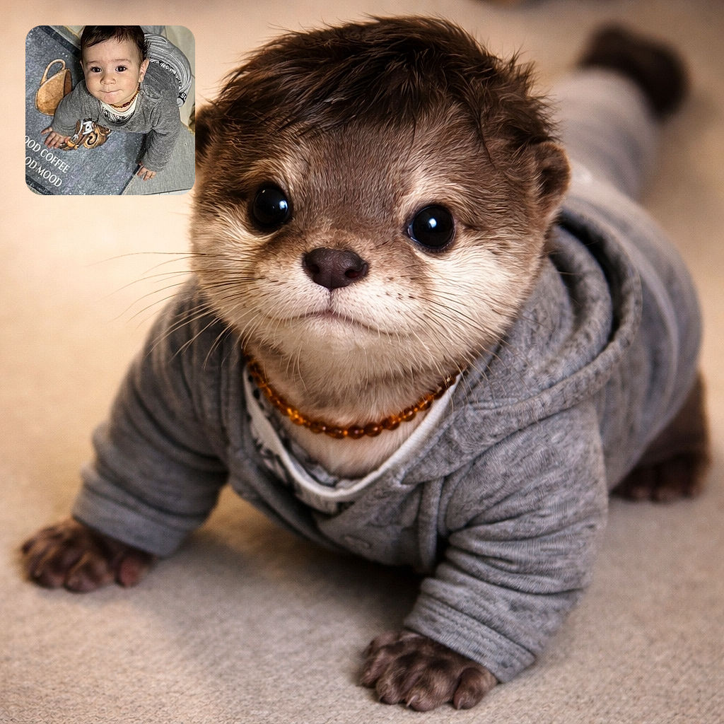 A cute toddler is crawling on a tiled floor, looking up at the camera with a curious expression. The child is wearing a grey outfit and a necklace, positioned next to a mat with a coffee-themed design and text. The photo is taken from above, capturing the child's face and upper body clearly.