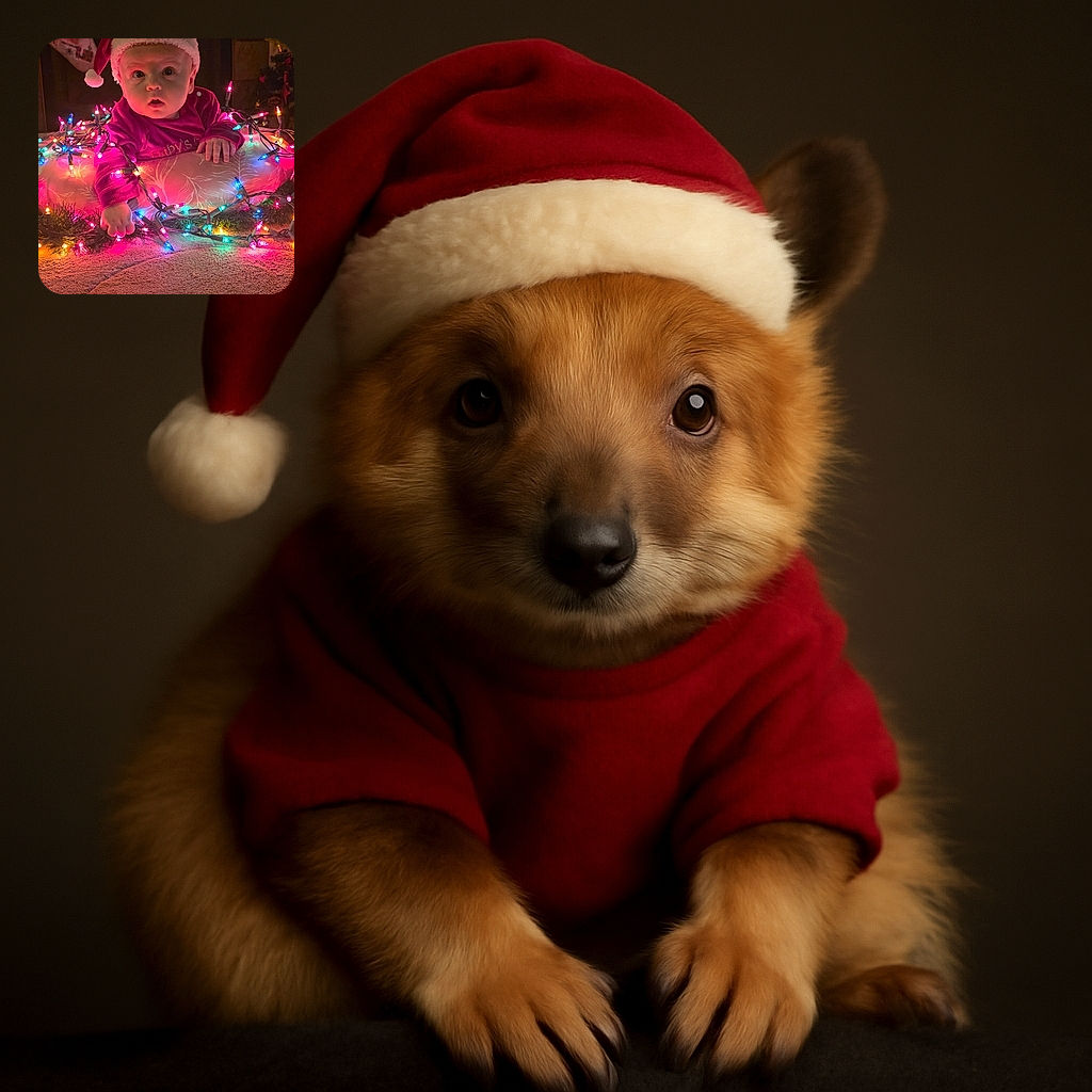 A wide-eyed baby dressed in a festive Santa hat and red outfit is surrounded by colorful Christmas lights, looking curiously at the camera while lying on a cushion in front of a cozy fireplace with holiday stockings hanging above.