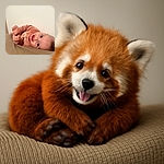 A joyful baby lies sideways on a textured couch, eyes wide open with a big smile, wearing a cozy peach-colored outfit. The plain white wall behind provides a calm, clean background that highlights the baby's adorable expression and tiny clenched fists.