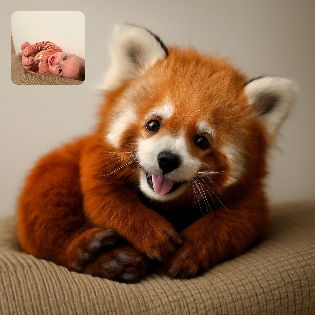 A joyful baby lies sideways on a textured couch, eyes wide open with a big smile, wearing a cozy peach-colored outfit. The plain white wall behind provides a calm, clean background that highlights the baby's adorable expression and tiny clenched fists.