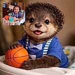 A cheerful toddler with curly hair sits in a decorated high chair, surrounded by toys including a small basketball and colorful shapes, looking ready to conquer the world one giggle at a time.