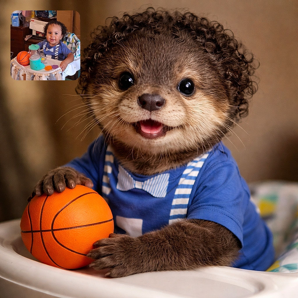 A cheerful toddler with curly hair sits in a decorated high chair, surrounded by toys including a small basketball and colorful shapes, looking ready to conquer the world one giggle at a time.