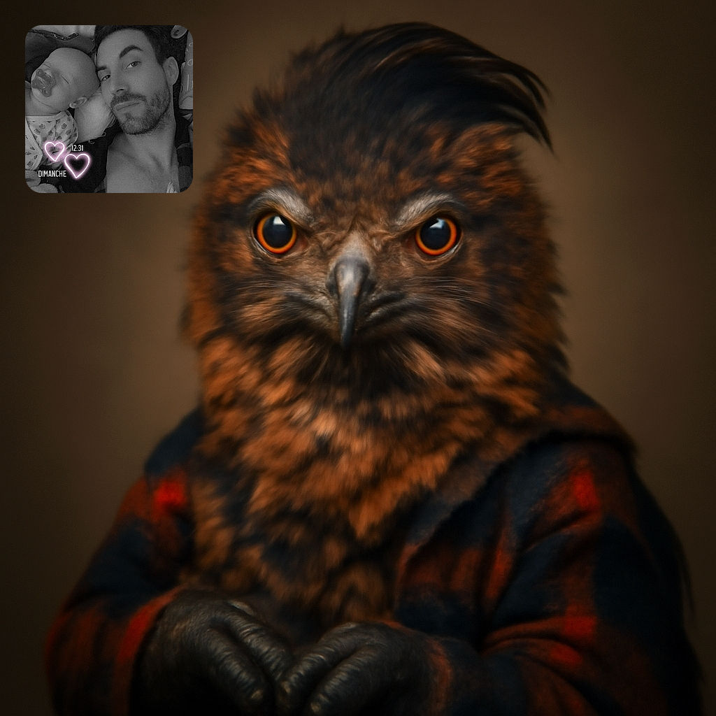 A cozy black-and-white selfie of a bearded man lying next to a peacefully sleeping baby with a pacifier. They look like they're enjoying a lazy Sunday nap, while two glowing heart shapes and the time '12:31' along with 'DIMANCHE' add a sweet digital touch.