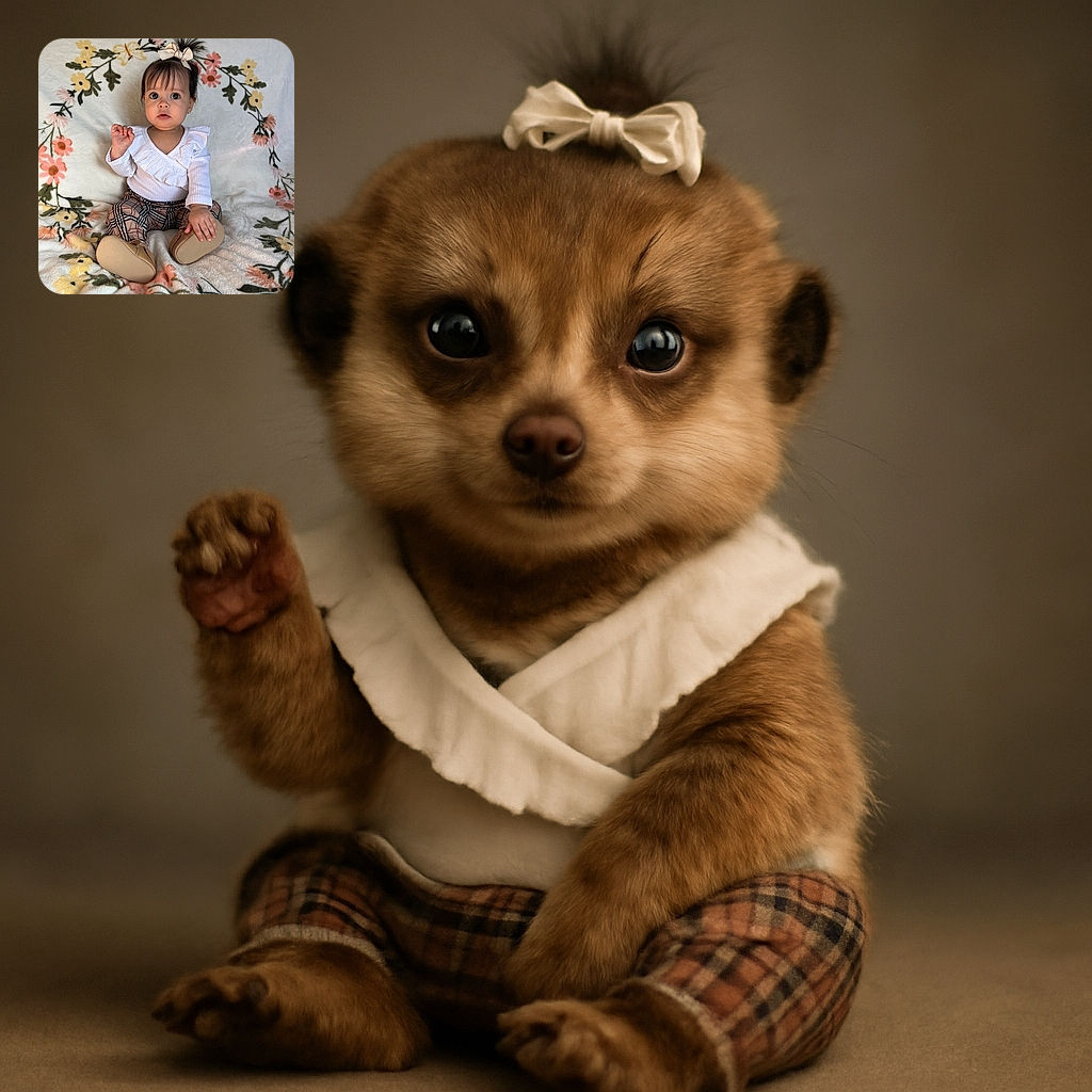 A wide-eyed baby girl sits adorably on a floral-patterned blanket, wearing a white ruffled top, plaid pants, and soft moccasins, with a cute bow in her hair that stands up like a tiny flag of cuteness.