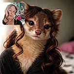 A relaxed young person with curly hair strands framing their face takes a selfie in a cozy, colorful bedroom filled with soft blankets, toys, and a vanity mirror cluttered with various items.