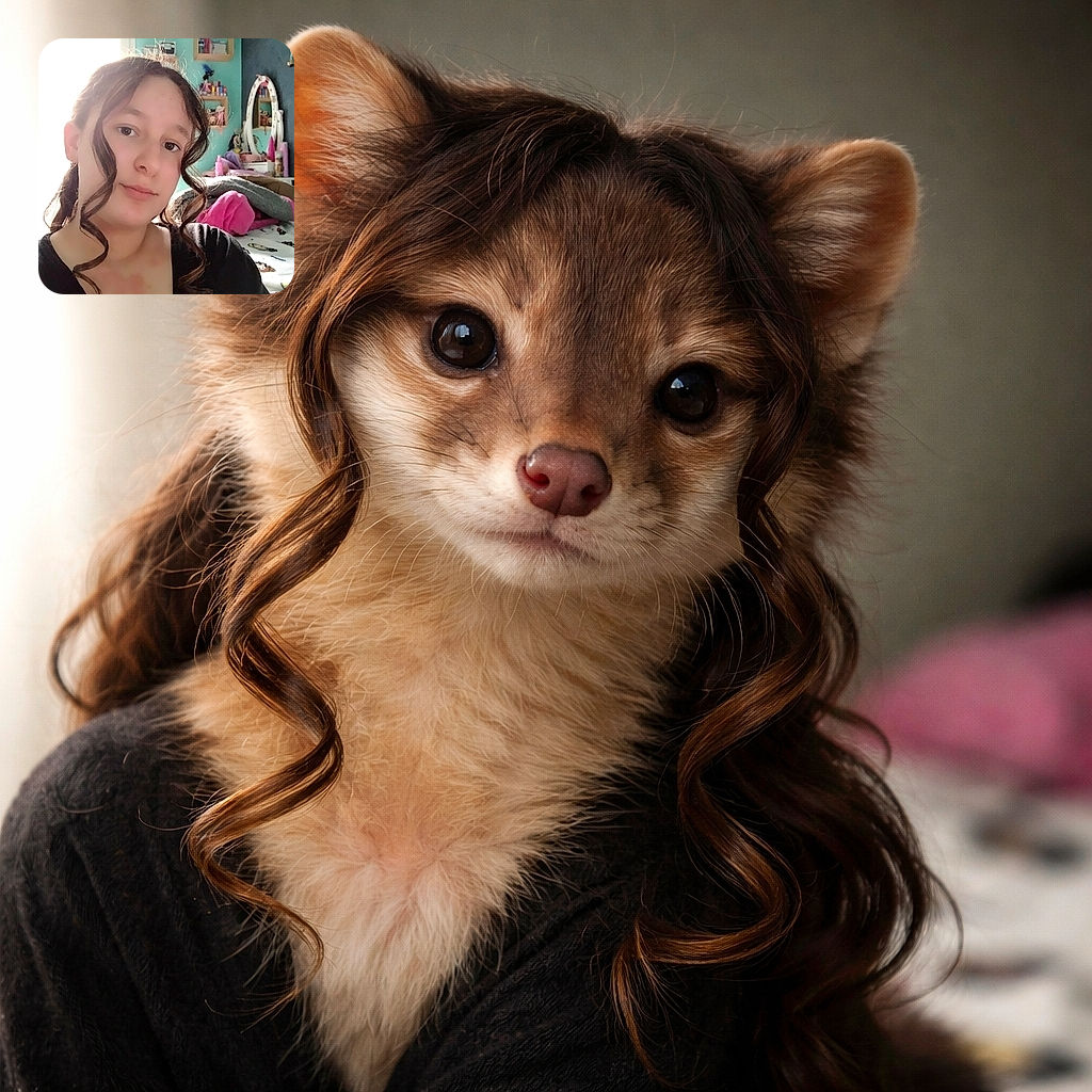 A relaxed young person with curly hair strands framing their face takes a selfie in a cozy, colorful bedroom filled with soft blankets, toys, and a vanity mirror cluttered with various items.
