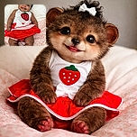 A delightful baby with a joyful smile, dressed in a cute strawberry-themed outfit with a red skirt and white bow, lounging comfortably on a patterned blanket with a white pillow behind.