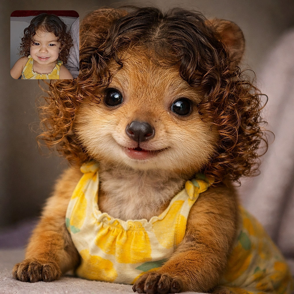 A cheerful little toddler with glossy curly hair and a mischievous grin stares at the camera like a tiny celebrity — bright yellow dress, twinkling eyes, and a cozy indoor backdrop (blanket/towel) completing the snug scene.