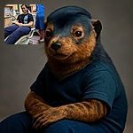 A young person is comfortably seated in a dental chair, smiling warmly at the camera. The setting is a clean, well-lit dental office with wooden cabinets and dental equipment visible. Another person, possibly a dental professional, is seen in the background wearing a blue coat and pink pants, busy with preparations. The atmosphere is casual and friendly.