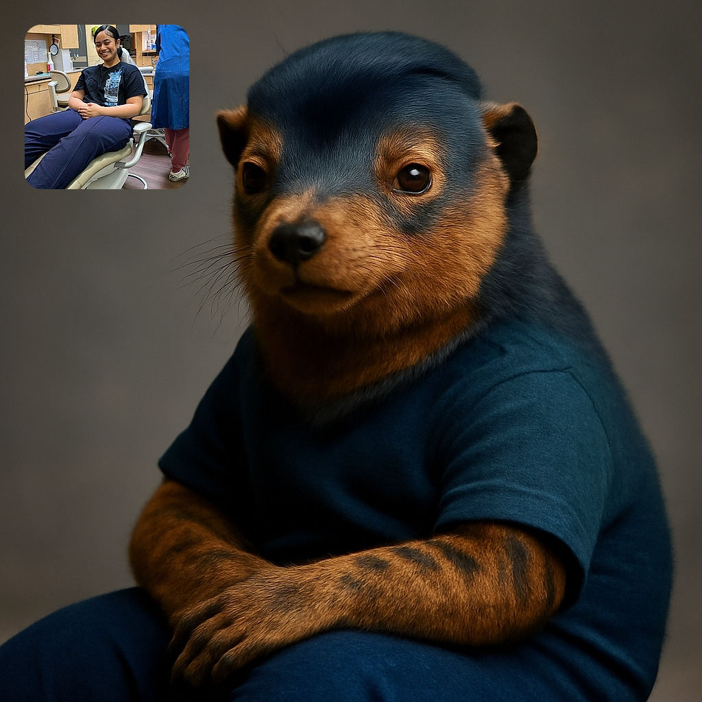 A young person is comfortably seated in a dental chair, smiling warmly at the camera. The setting is a clean, well-lit dental office with wooden cabinets and dental equipment visible. Another person, possibly a dental professional, is seen in the background wearing a blue coat and pink pants, busy with preparations. The atmosphere is casual and friendly.