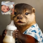 A chubby-cheeked baby wrapped in a shark-patterned blanket is gripping a milk bottle with both hands, eyes wide open and mouth slightly ajar as if mid-gulp or mid-coo, lying comfortably on a soft bed.