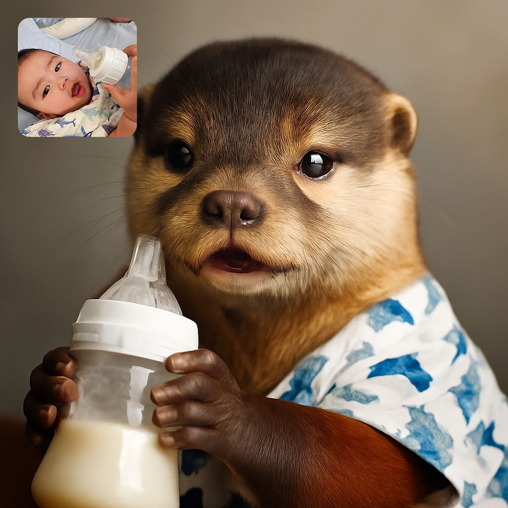 A chubby-cheeked baby wrapped in a shark-patterned blanket is gripping a milk bottle with both hands, eyes wide open and mouth slightly ajar as if mid-gulp or mid-coo, lying comfortably on a soft bed.
