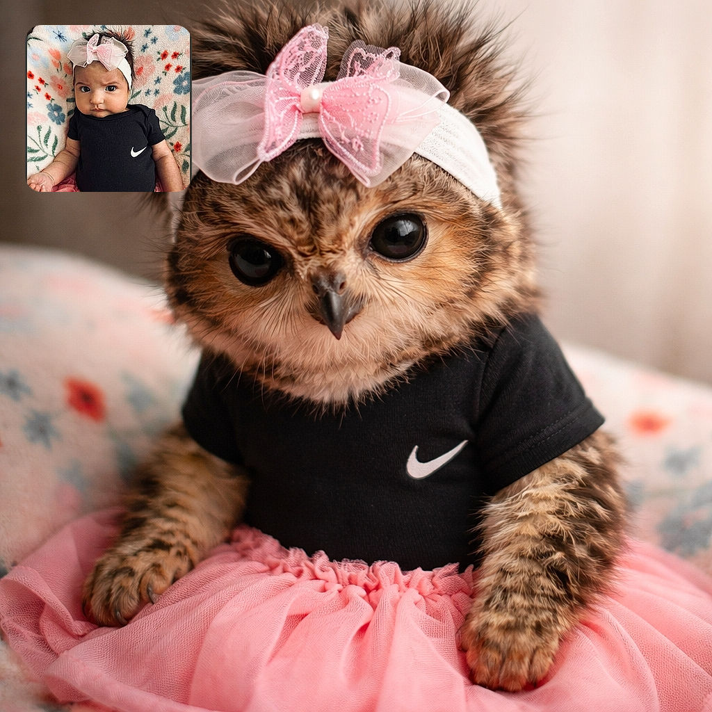 A serious-faced baby wearing a big white bow headband and a black Nike onesie paired with a pink tutu, lying on a colorful floral blanket, looking like she means business in the cutest way possible.