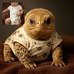 A chubby baby lounges comfortably on a soft brown blanket, dressed in an adorable onesie patterned with playful dogs. The baby gazes calmly at the camera, with a serene and slightly curious expression, surrounded by cozy textures and gentle lighting.