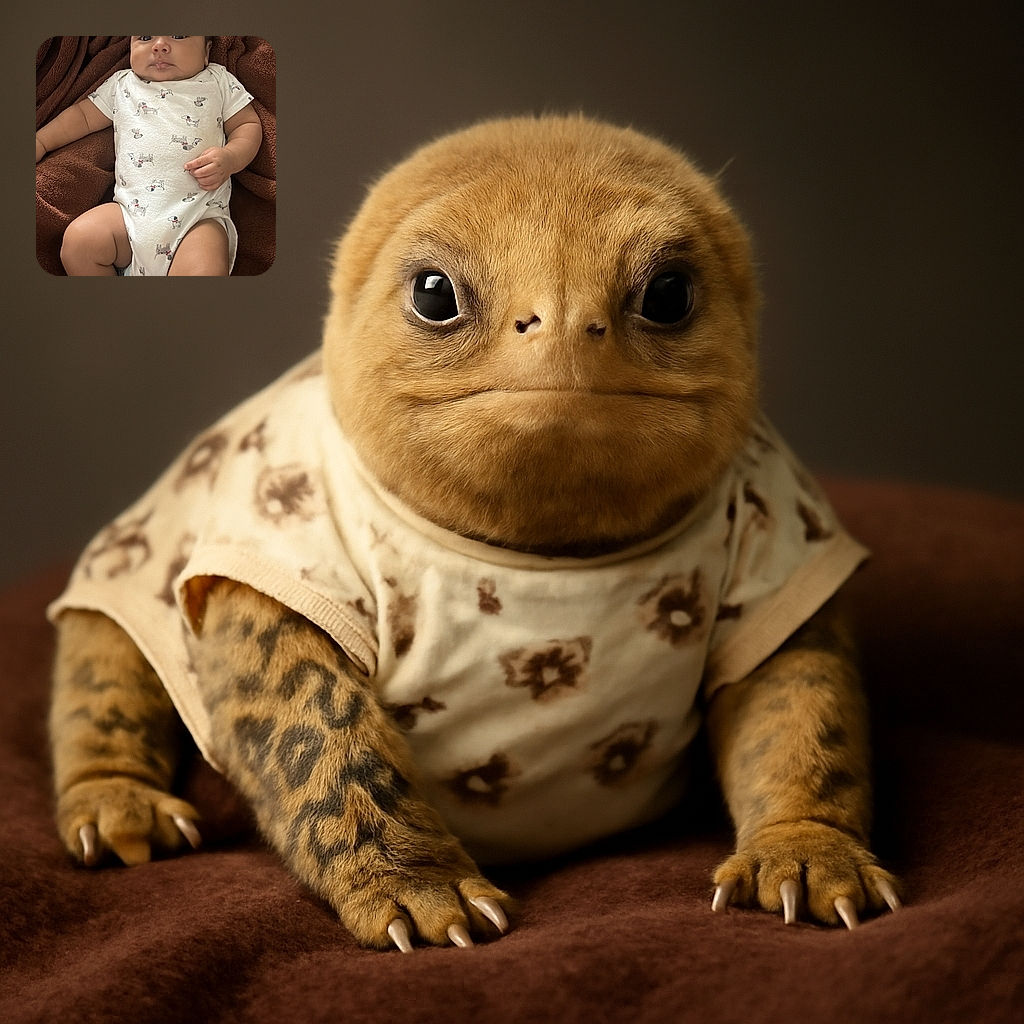 A chubby baby lounges comfortably on a soft brown blanket, dressed in an adorable onesie patterned with playful dogs. The baby gazes calmly at the camera, with a serene and slightly curious expression, surrounded by cozy textures and gentle lighting.