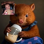 A wide-eyed baby clutching a large sippy cup with both hands, nestled in a cozy pink blanket while being held by an adult arm. The baby looks curious and focused on the drink, with soft lighting highlighting the adorable face.