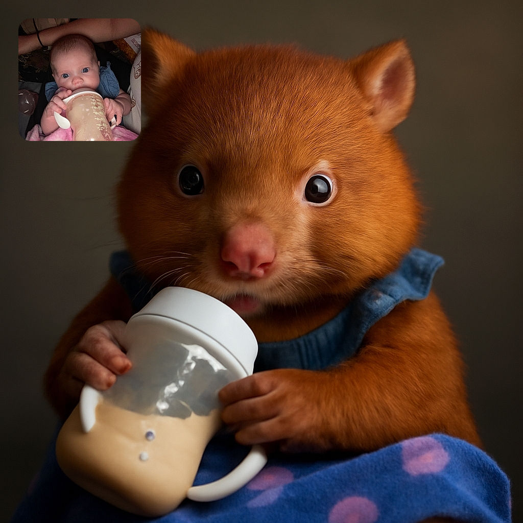 A wide-eyed baby clutching a large sippy cup with both hands, nestled in a cozy pink blanket while being held by an adult arm. The baby looks curious and focused on the drink, with soft lighting highlighting the adorable face.