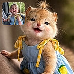 A joyful toddler with a tiny ponytail is gleefully leaning on a car seat, wearing a blue dress with yellow ribbon straps and lemon patches, with a lush green forest visible through the window behind.