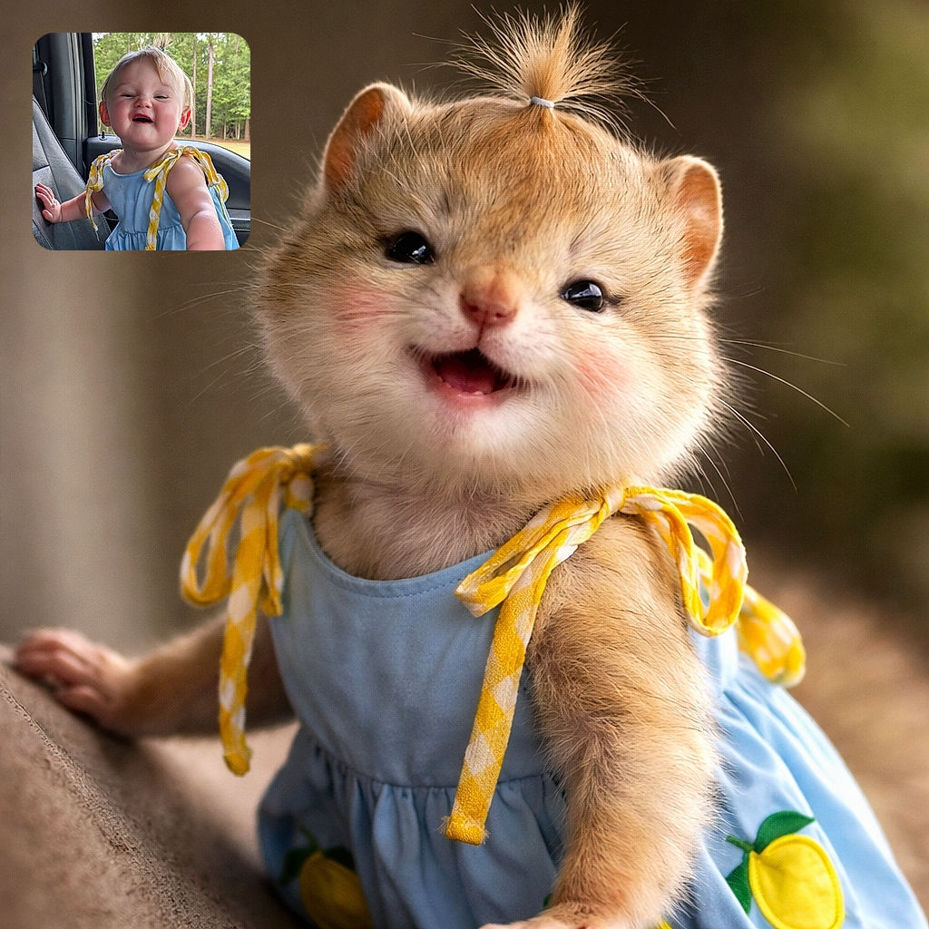 A joyful toddler with a tiny ponytail is gleefully leaning on a car seat, wearing a blue dress with yellow ribbon straps and lemon patches, with a lush green forest visible through the window behind.