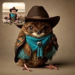 A serious baby cowboy sits on the sandy beach at sunset, sporting a tiny brown cowboy hat, a turquoise bandana, and a vest, surrounded by seashells and a big coiled rope, ready to wrangle some sand crabs.