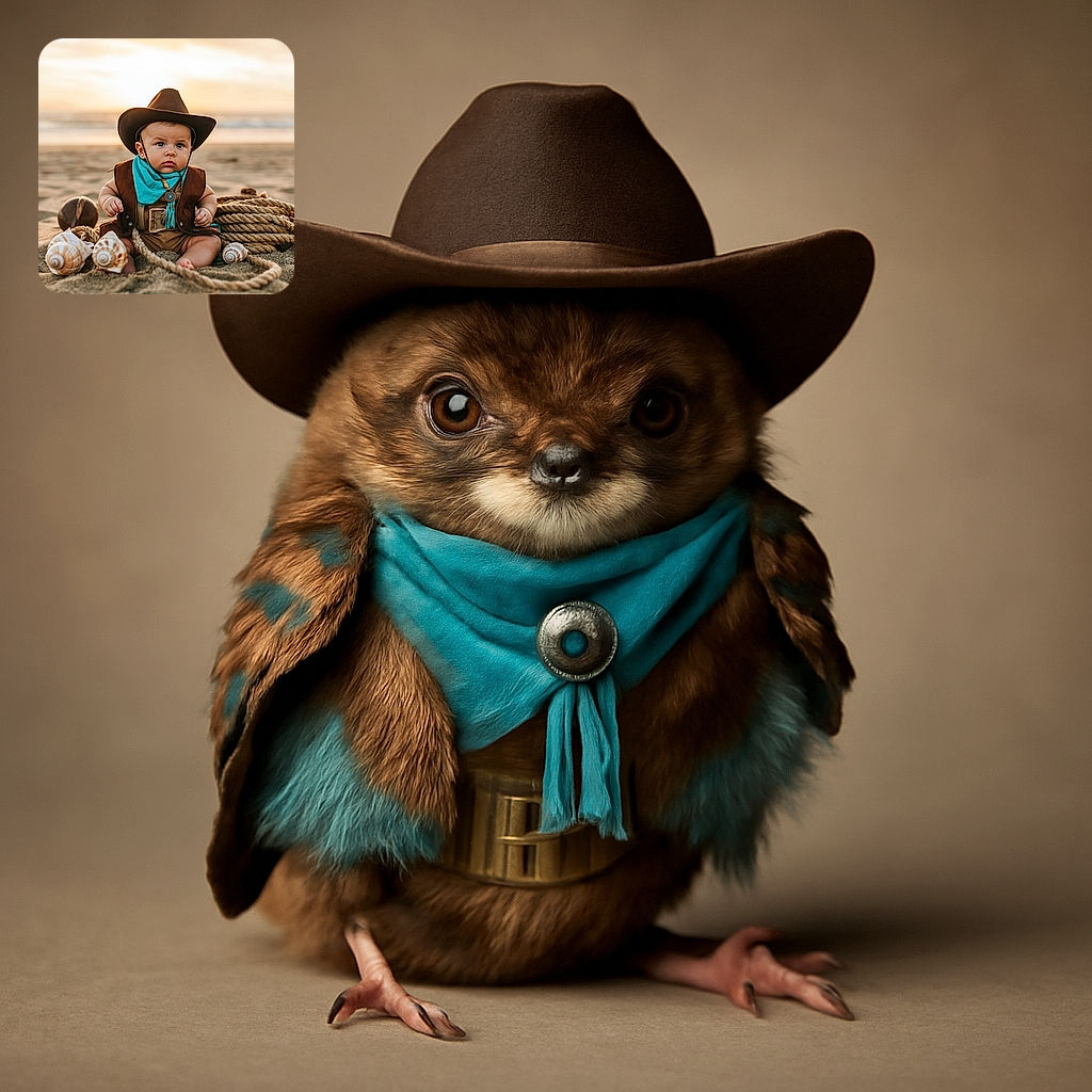 A serious baby cowboy sits on the sandy beach at sunset, sporting a tiny brown cowboy hat, a turquoise bandana, and a vest, surrounded by seashells and a big coiled rope, ready to wrangle some sand crabs.