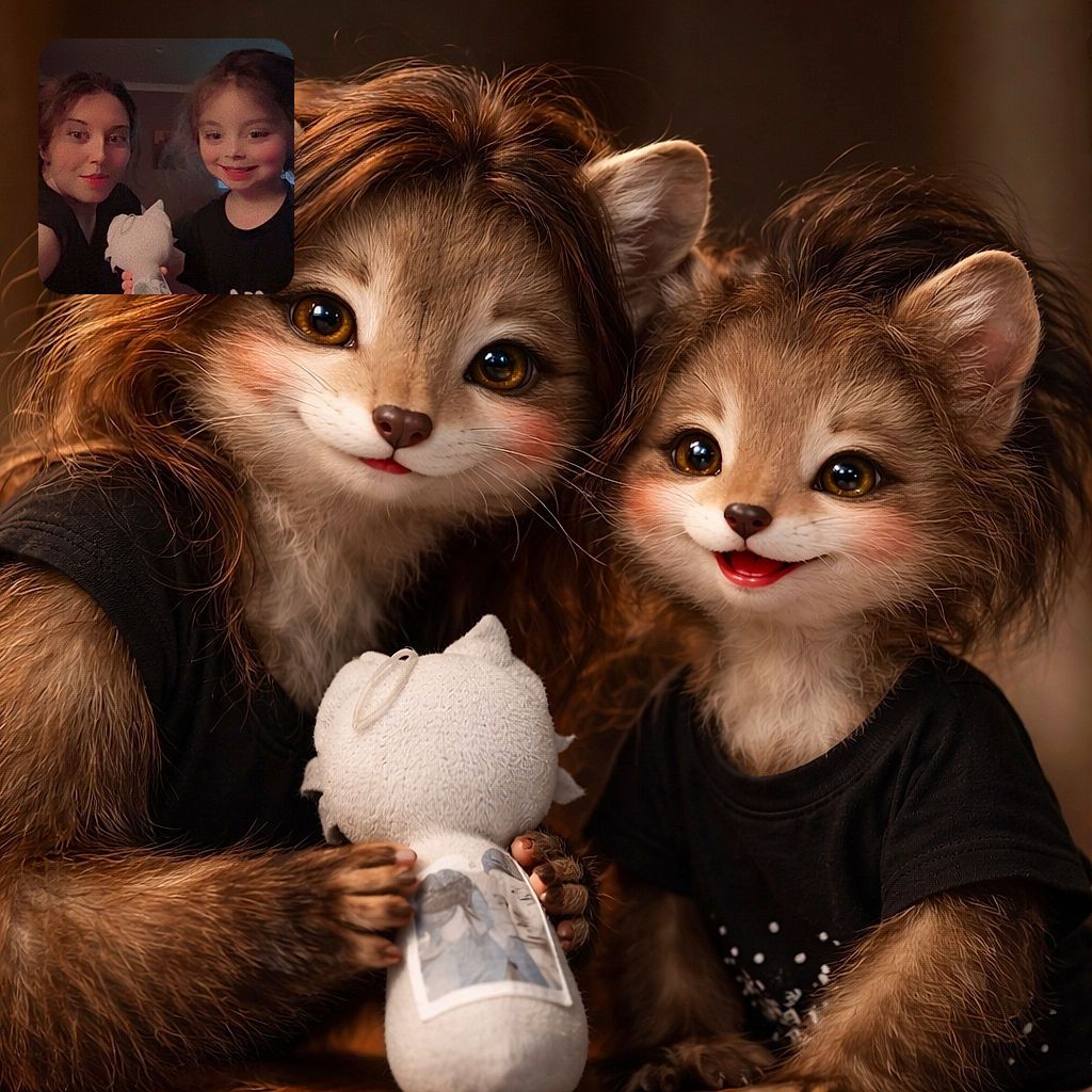 A cozy indoor selfie featuring a smiling young child and an adult, both with rosy cheeks and warm expressions, holding a white plush toy with a face sketch, set against a softly lit background.