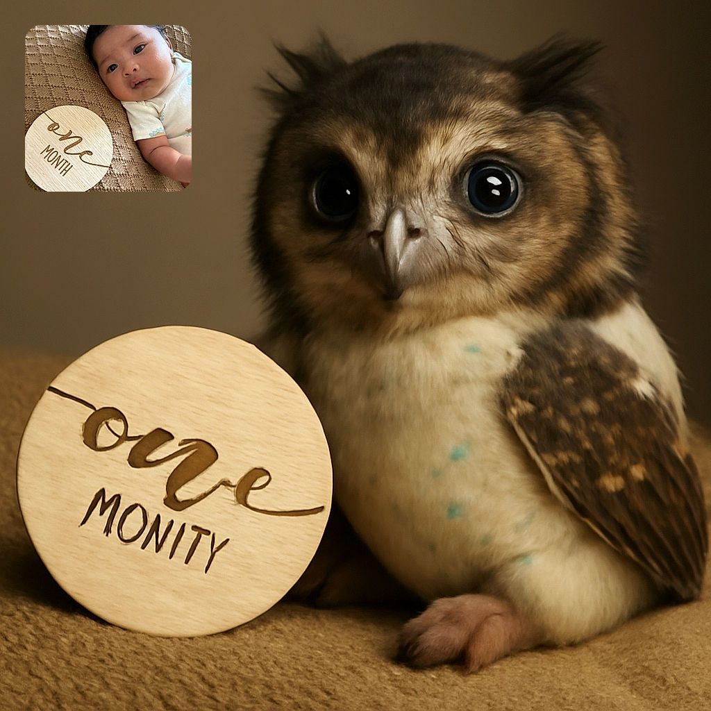 A cute baby lying on a textured brown blanket next to a wooden milestone plaque that reads 'one month', looking curiously at the camera with big, bright eyes and soft, curly hair.