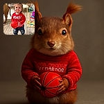 A cute toddler with pigtails proudly holds a small basketball indoors, wearing a festive red sweater that says 'GRINCH!' while standing on a wooden floor surrounded by colorful toys and a dog in the background.