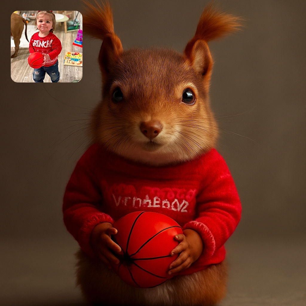 A cute toddler with pigtails proudly holds a small basketball indoors, wearing a festive red sweater that says 'GRINCH!' while standing on a wooden floor surrounded by colorful toys and a dog in the background.