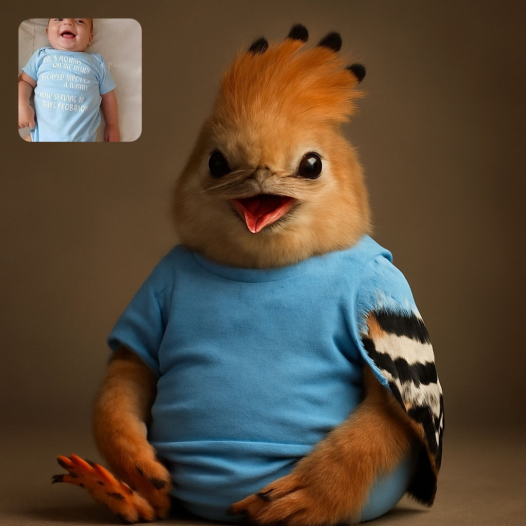 A happy baby lying on a bed wearing a light blue onesie with a humorous message about 9 months inside and 18 years probation, surrounded by baby wipes and a small toy, capturing a candid joyful moment.