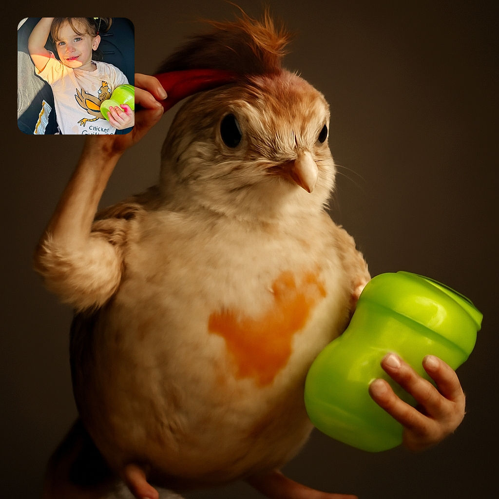 A cheerful toddler lounging in a car seat, playfully holding a green sippy cup and wearing a quirky chicken-themed shirt. The sunlight casts a warm glow, highlighting the child's bright eyes and mischievous smile while a pair of fun sunglasses rests atop their head.