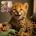 A joyful baby with a wide smile sits playfully on an adult's lap dressed in leopard print pants, surrounded by a cozy indoor setting with toys and household items in the background.