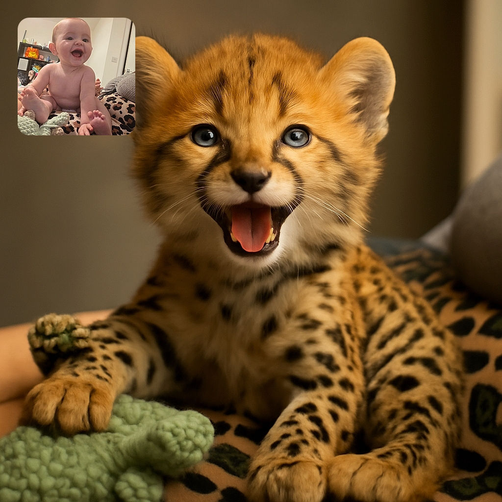 A joyful baby with a wide smile sits playfully on an adult's lap dressed in leopard print pants, surrounded by a cozy indoor setting with toys and household items in the background.