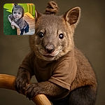 A curious toddler with a tiny top knot clings to a wooden railing, eyes wide with wonder and a slight smile, set against a vibrant green artificial turf and a blurred background of a backyard fence and play equipment.