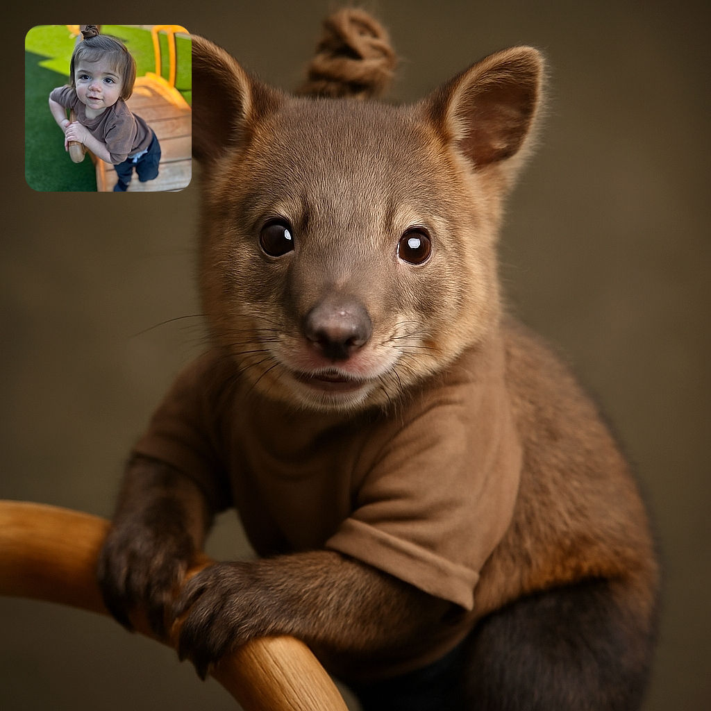 A curious toddler with a tiny top knot clings to a wooden railing, eyes wide with wonder and a slight smile, set against a vibrant green artificial turf and a blurred background of a backyard fence and play equipment.