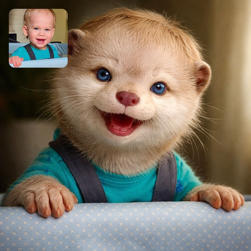 A delightful toddler with bright blue eyes and a joyful smile is standing behind a baby playpen with a soft blue patterned cover, radiating pure happiness in a cozy indoor setting.