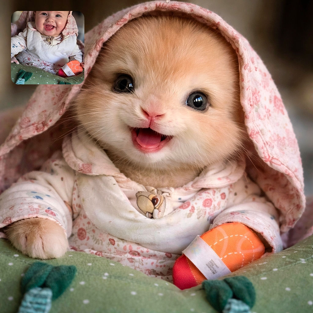 A beaming baby wrapped in a soft hooded blanket grins straight at the camera, mouth open in delighted awe with tiny teeth and a visible tongue. The subject is sharply in focus with creamy bokeh behind, seated in a green cushioned bouncer and clutching a colorful toy. Soft indoor lighting and warm tones give the portrait a cozy, storybook feel — like someone captured the exact moment happiness learned to giggle.