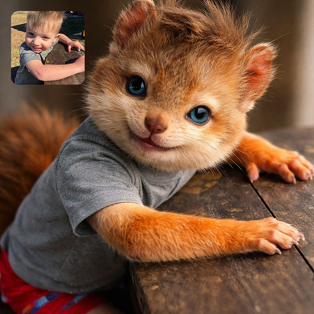 A playful young child with messy hair and a cheeky grin leans over a weathered wooden table outdoors, proudly showing off the aftermath of some colorful fun, with a sunny yard and scattered leaves in the background.