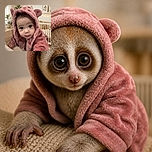 A wide-eyed baby in an irresistibly fluffy pink animal-eared hood stares into the camera like a tiny woodland celebrity, while the nursery behind provides a crib, cuddly toys, warm fairy lights, and serious cozy vibes.