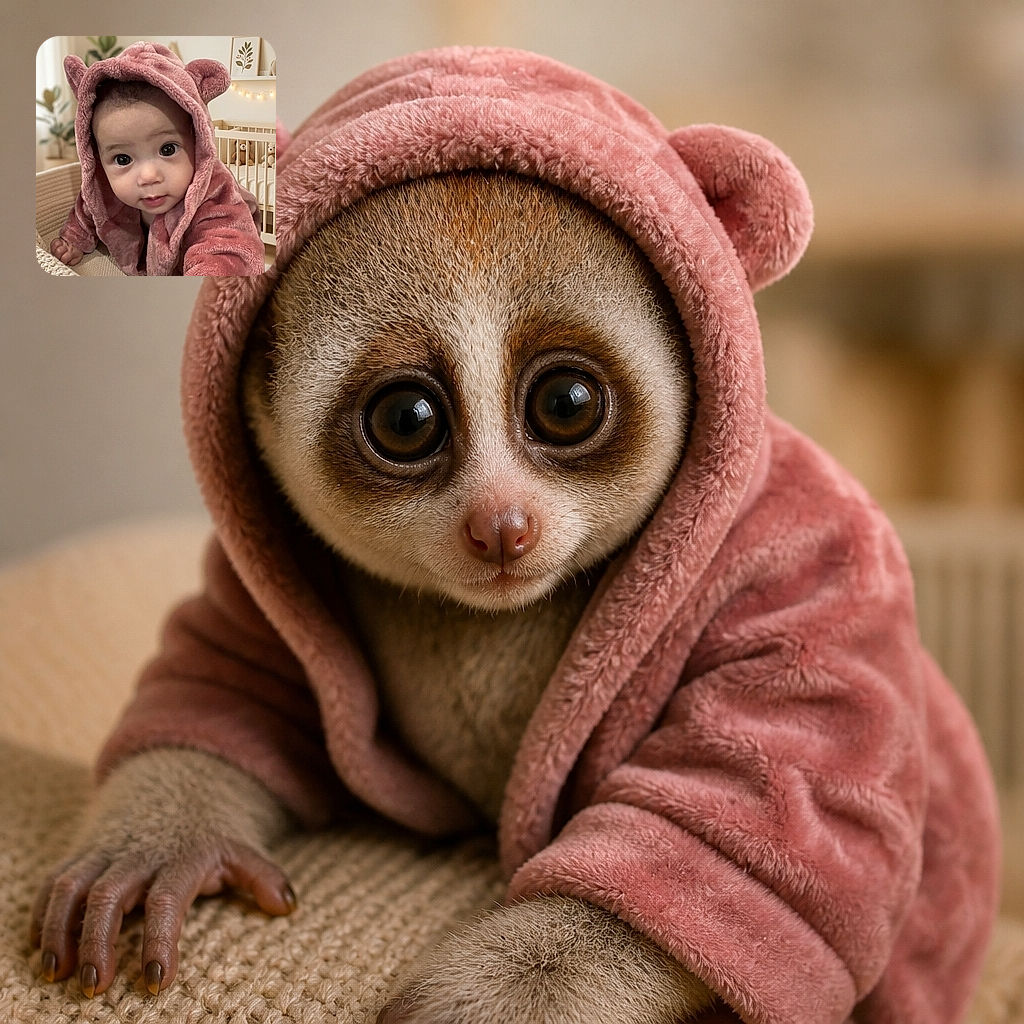 A wide-eyed baby in an irresistibly fluffy pink animal-eared hood stares into the camera like a tiny woodland celebrity, while the nursery behind provides a crib, cuddly toys, warm fairy lights, and serious cozy vibes.