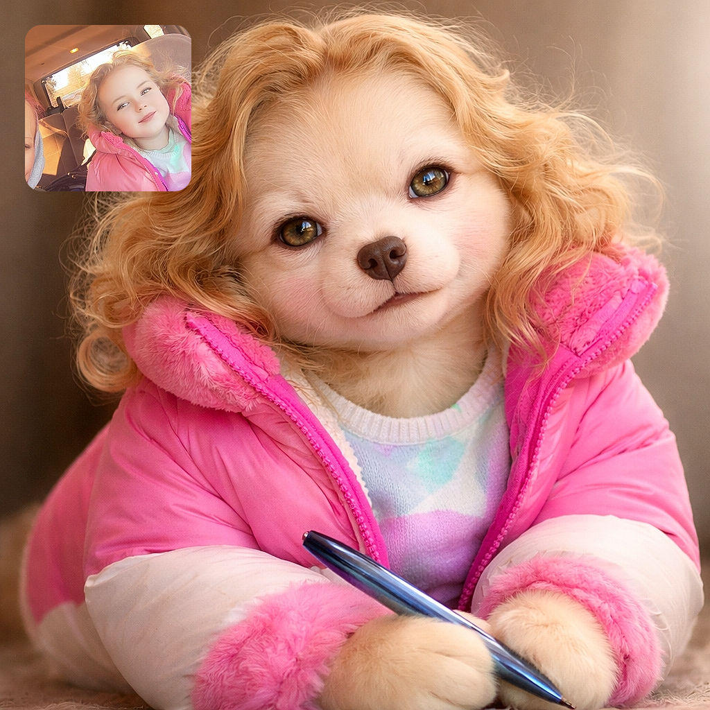 A joyful little passenger in a puffy pink jacket lounges in the backseat like it's her kingdom—golden sunlight gives her cheeks a glow, a parental cameo peeks in from the left, and a mysterious handheld gadget completes the scene.