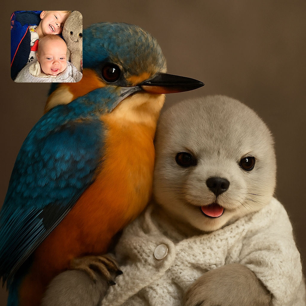 Two adorable kids snuggling close, the older one grinning widely while the baby smiles softly wrapped in a cozy white knit blanket, with a plush toy nearby adding extra warmth to the scene.